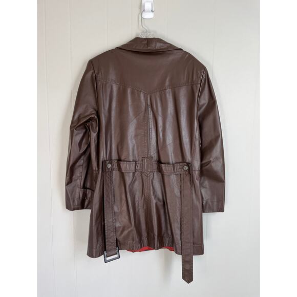Vintage 60s 70s Brown Leather Short Trench Coat Jacket Belted XL Made in USA - Picture 11 of 16